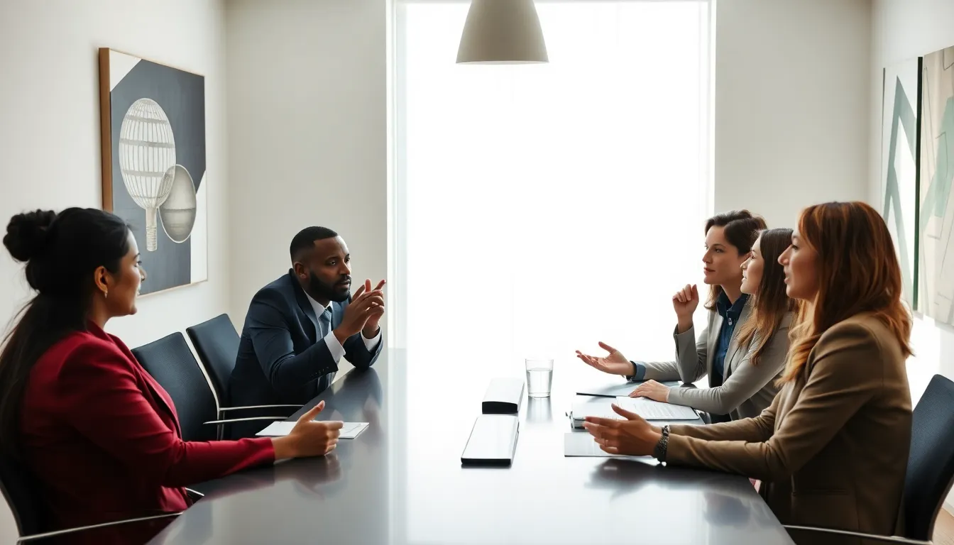 diverse professionals discussing philosophy in a modern office setting.