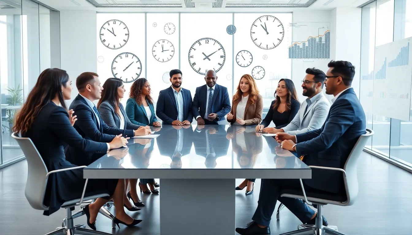 diverse team discussing concepts of pentachronism in a modern office.