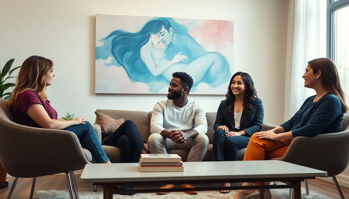 diverse individuals discussing human sexuality in a modern therapy room.
